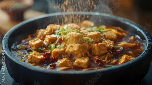 Steaming Tofu Dish in Black Stone Bowl with Red Chili and Green Onion Garnish and Sprinkled Sesame Seeds in Dark Ambient Lighting