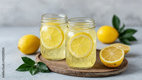 Refreshing lemonade in mason jars with lemon slices.