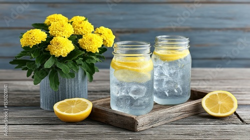 Refreshing lemonade in mason jars alongside yellow flowers.