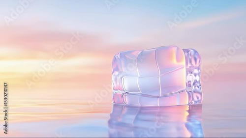 Translucent Ice Cube Reflecting Light on Water Surface Against Pastel Sky Generative AI Abstract Still Life Close Up with 3D Rendering