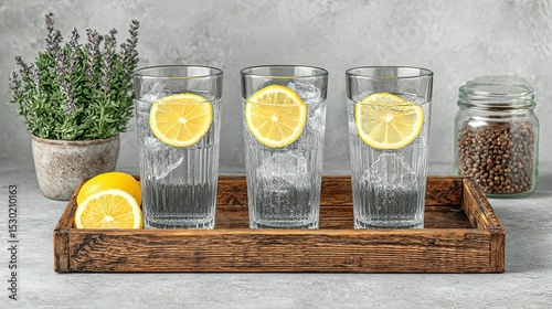 Refreshing drinks with lemon slices on a wooden tray.