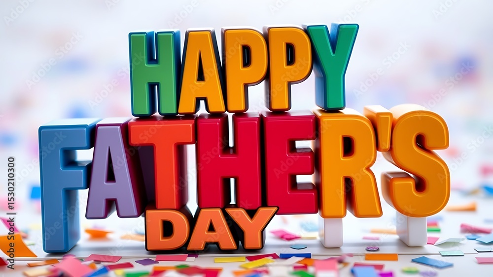 Fototapeta premium Happy father's day celebration with colorful text and confetti for greeting card or social media post design