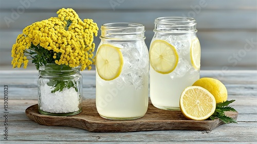 Refreshing lemonade in glass jars with lemon slices and flowers.