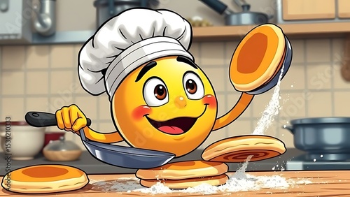 Cheeky Cartoon Chef Emoji Flipping Pancakes in a Kitchen, Symbolizing Cooking Fun, Delicious Breakfasts, and Culinary Joy