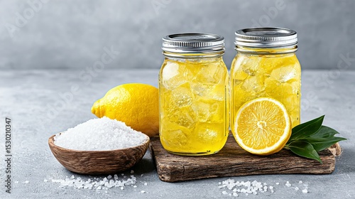 Two mason jars filled with iced lemonade and lemon slices.