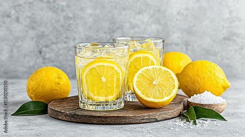 Refreshing lemonade with ice and lemon slices on a wooden board.