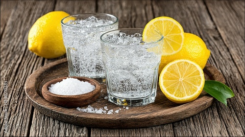 Refreshing sparkling water with lemon slices and salt.
