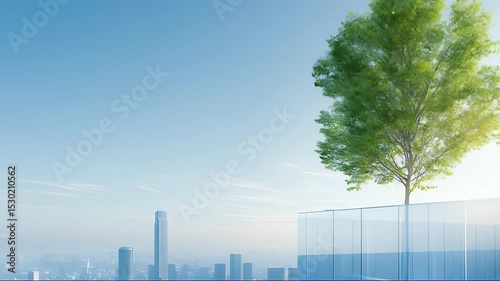 Green Tree on Glass Building Overlooking a Blue Sky and Modern City Skyline at Dawn with Warm Sunlight and Modern Architecture