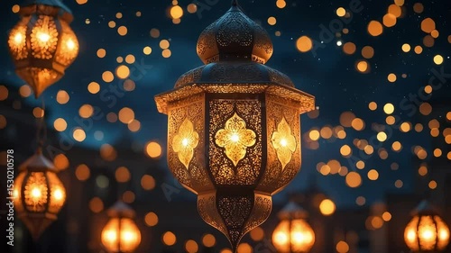 Hanging ornate lanterns glow softly against a dark night background with bokeh lights perfect for festive occasions or spiritual moments.