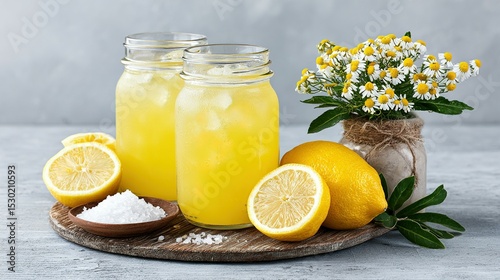 Fresh lemonade with lemons and chamomile flowers.