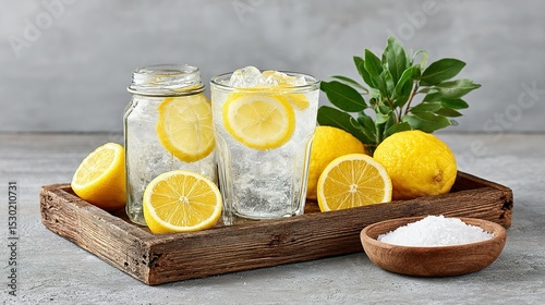 Refreshing lemonade with ice and sliced lemons.