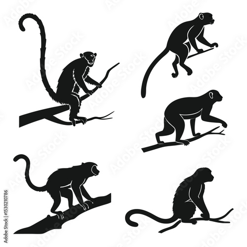 Black silhouettes of monkeys in different poses climbing and sitting on tree branches.