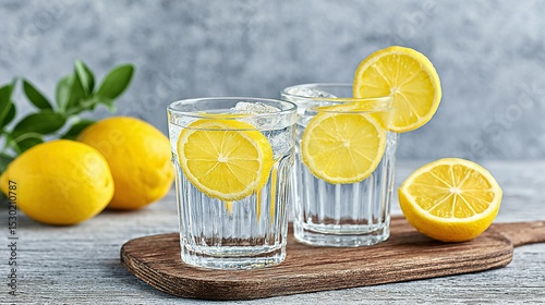 Refreshing lemonade in glasses with lemon slices.