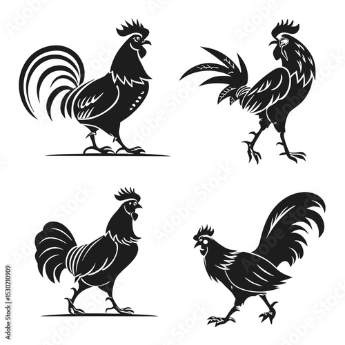 Collection of four stylized rooster silhouettes in black and white isolated on a white background