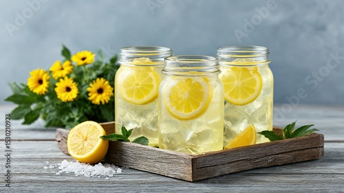 Refreshing lemonade in mason jars with lemon slices and ice.