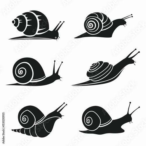 Black snail silhouettes collection on white background for decorative design elements