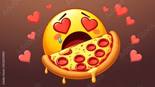 Heart-Eyed Emoji Devouring a Slice of Pepperoni Pizza with Dripping Cheese, Surrounded by Floating Hearts – Expressing Love for Pizza and Food Cravings