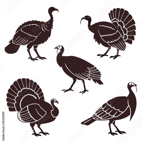 Collection of silhouette turkeys depicting different poses and stances on a white background