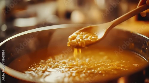 Close Up of Steaming Golden Soup Being Stirred with a Wooden Spoon in a Silver Pot with Blurred Background and Lighting Effects Showing AI Defect