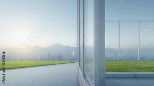 Modern Architecture Featuring Glass Windows and Lush Green Lawn Overlooking Cityscape Horizon with Clear Blue Sky And Bright Sunlight