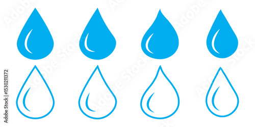 Water drop blue icon shape. Water drop icon, rain drop icon vector, pure water drop icon, blue droplet icon vector in flat trendy style. Set drop icon vector illustration isolated on white background.