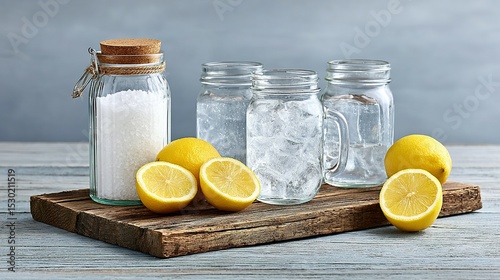 Several mason jars filled with ice water and lemons on a rustic wooden board.