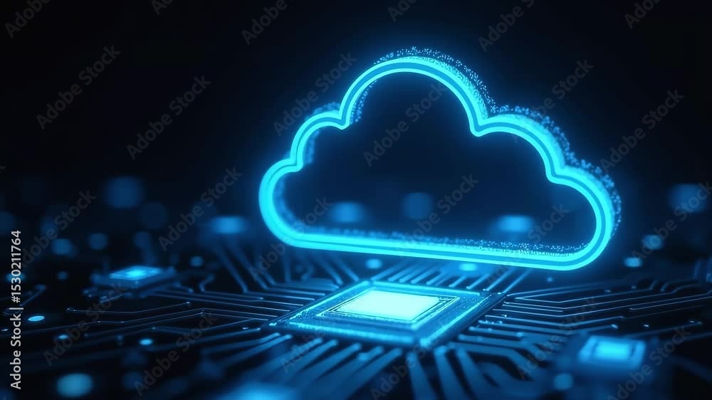 Cloud computing data transfer between a computer chip and a digital cloud icon for technology innovation projects.