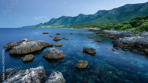 Rocky coastline with clear turquoise water and lush green mountains.