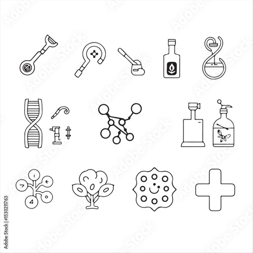 a set of scientifically accurate, black and white icons using a modern flat design aesthetic.  The icons will illustrate CRISPR tools, DNA sequencing, synthetic biology, bioreactors, lab-grown tissues