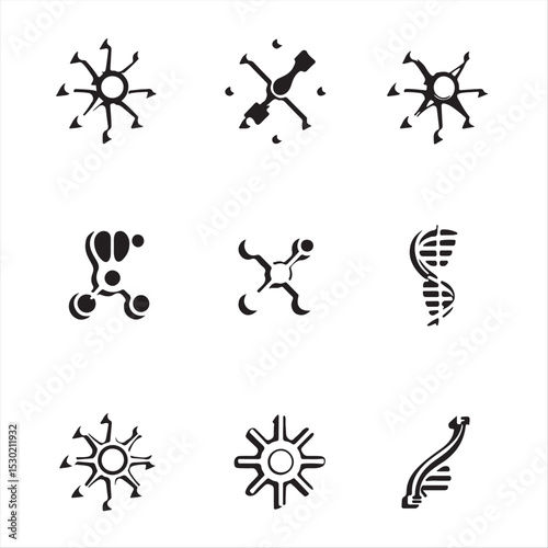 eight elegant, monochrome icons representing biotechnology and genomics.  Use a precise, technical style with molecular motifs, emphasizing geometric shapes and clean lines.  Focus on visual clarity