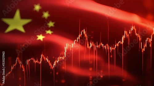 Chinese flag waving with a stock market chart overlay representing financial data fluctuations and economic trends.