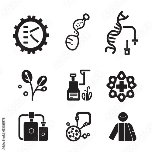 a series of eight black and white icons representing key concepts in biotechnology and genomics CRISPR, DNA sequencing, synthetic biology, bioreactors, tissue engineering, and personalized medicine.