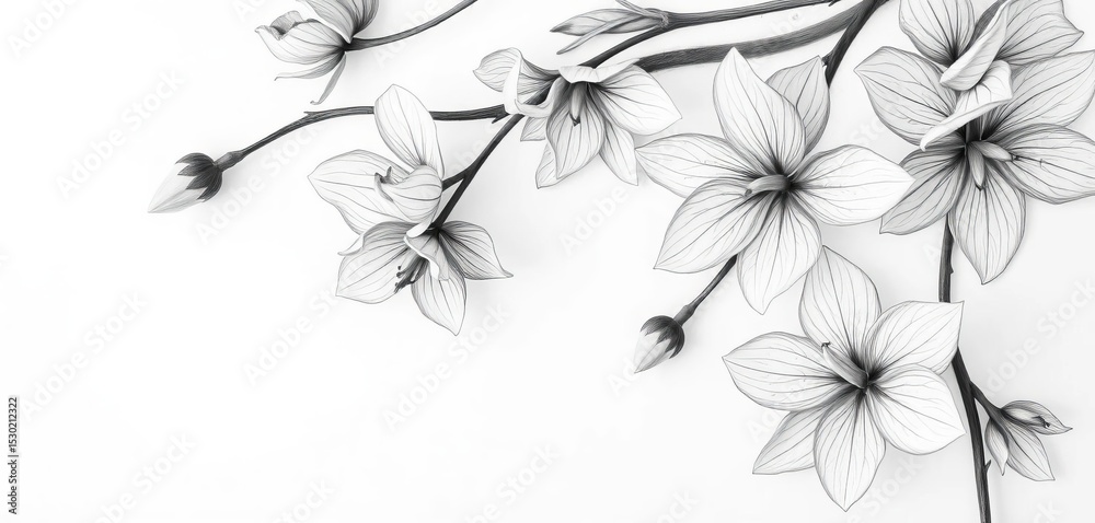 Obraz premium Delicate pencil strokes create soft, blended grayscale floral forms on pure white, art, wallpaper