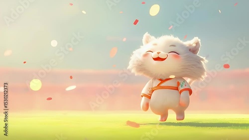 Joyful White Fluffy Cat Jumping in a Sunny Meadow with Blossoms Under a Pastel Sky Anime Style With Soft Lighting and Happy Expressions