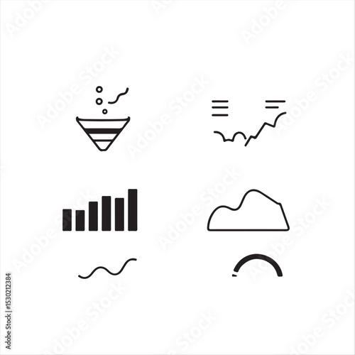 Design a monochrome flat dashboard icon set for analytics and KPIs. Include icons for funnel drop-off, AB test, heatmap, cohort analysis, and bounce rate.  The style should be clean and data-friendly