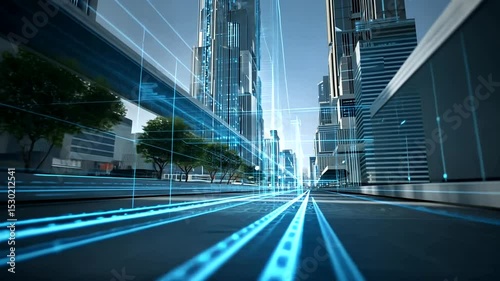 Futuristic city street with digital network overlay