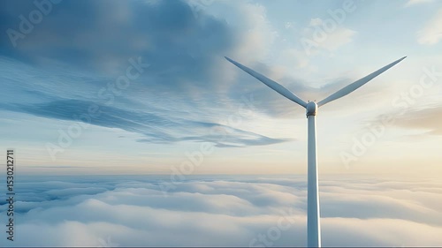 Wind Turbine Farm Above Clouds in Blue Sky Aerial View with Pixelated Defect, Renewable Energy and Clean Power Generation