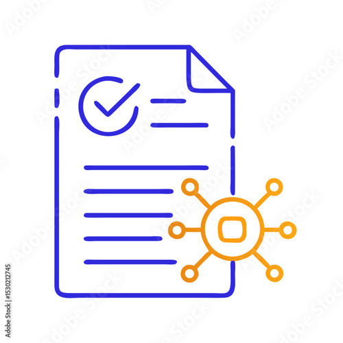 Vector icon of a smart contract: stylized document with blockchain nodes and approval checkmark. Perfect for crypto, DeFi, fintech, and blockchain apps.