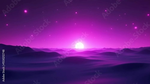 Abstract purple landscape animation with mountains and a bright sunrise offers a calming and atmospheric visual
