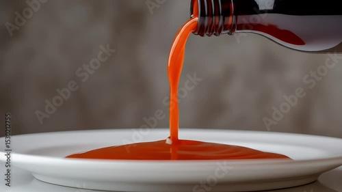 Red Sauce Pouring From Glass Bottle onto White Plate in Studio with Neutral Gray Background and Clean Presentation for Culinary and Food Concepts