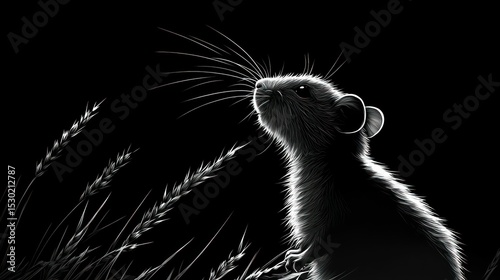 Monochromatic portrayal of a mouse amid abstract meadow, illuminated by shadows