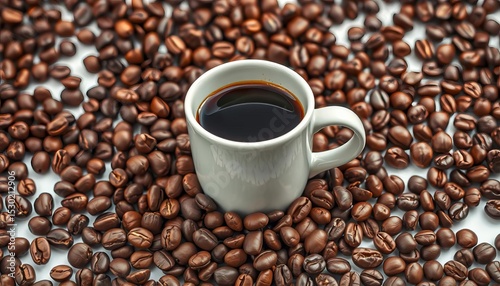 Coffee mug encircled by scattered coffee beans, sketchy style, vintage, high resolution