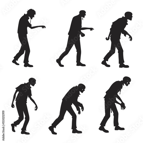 Set of six walking silhouette zombie figures suitable for halloween decoration and design projects