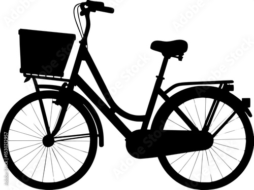 A black silhouette of a bicycle with a basket on the front, minimalist style, centered and facing right, with clear frame and spoke details, on a white background.



