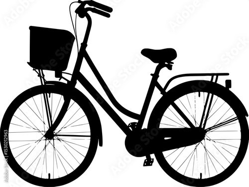 A black silhouette of a bicycle with a basket on the front, minimalist style, centered and facing right, with clear frame and spoke details, on a white background.


