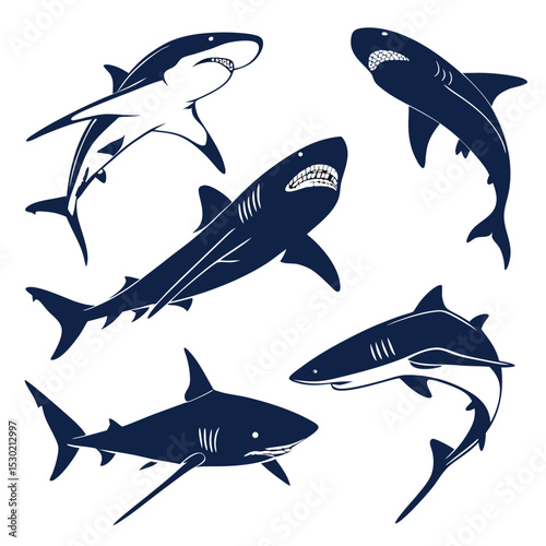 Set of vector illustrations depicting various shark species in a clean silhouette design