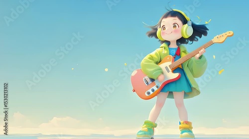 Stylized Girl Playing Orange Electric Guitar Wearing Headphones Against Blue Sky Background Art With Pixelated and Cartoonish Design