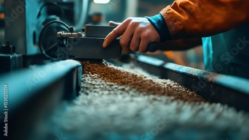 Close Up Of Hands Operating Manufacturing Equipment In Factory With Blue And Orange Tones