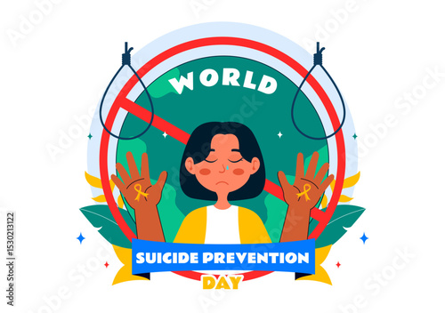 World Suicide Prevention Day Vector Illustration on September 10, Featuring a Hanging Rope and Helping Hands to Prevent Suicide in a Flat Background