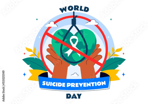 World Suicide Prevention Day Vector Illustration on September 10, Featuring a Hanging Rope and Helping Hands to Prevent Suicide in a Flat Background